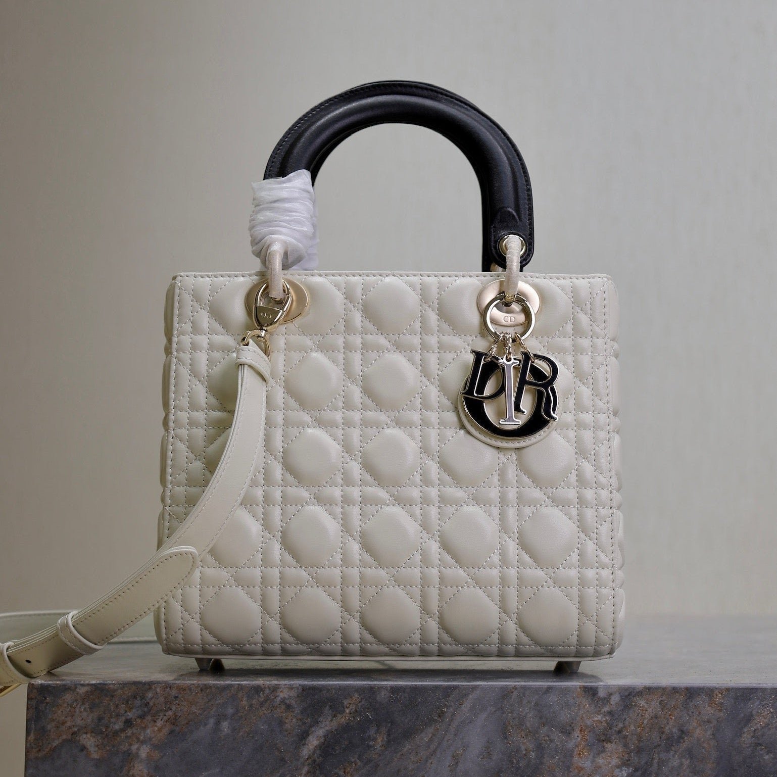 Dior Lady Bag 20 White Black Lambskin