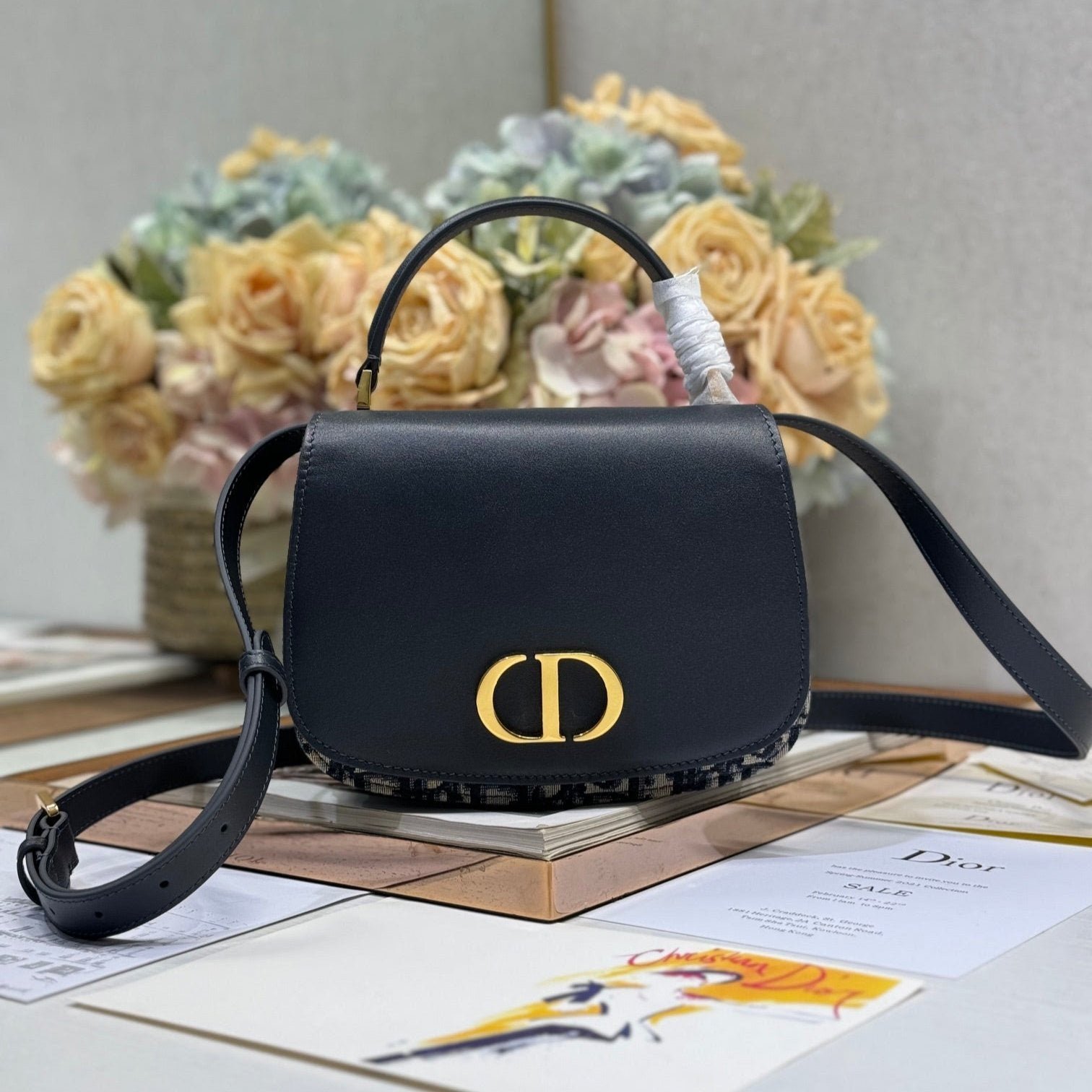 Dior Montaigne Series Blue Jacquard & Black  Bag