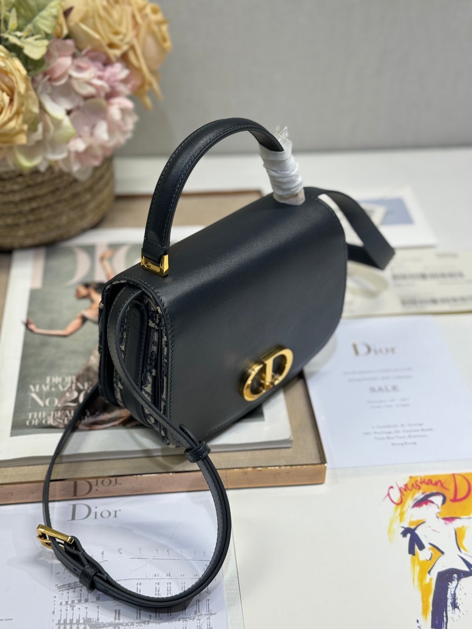 Dior Montaigne Series Blue Jacquard & Black Bag - Image 4