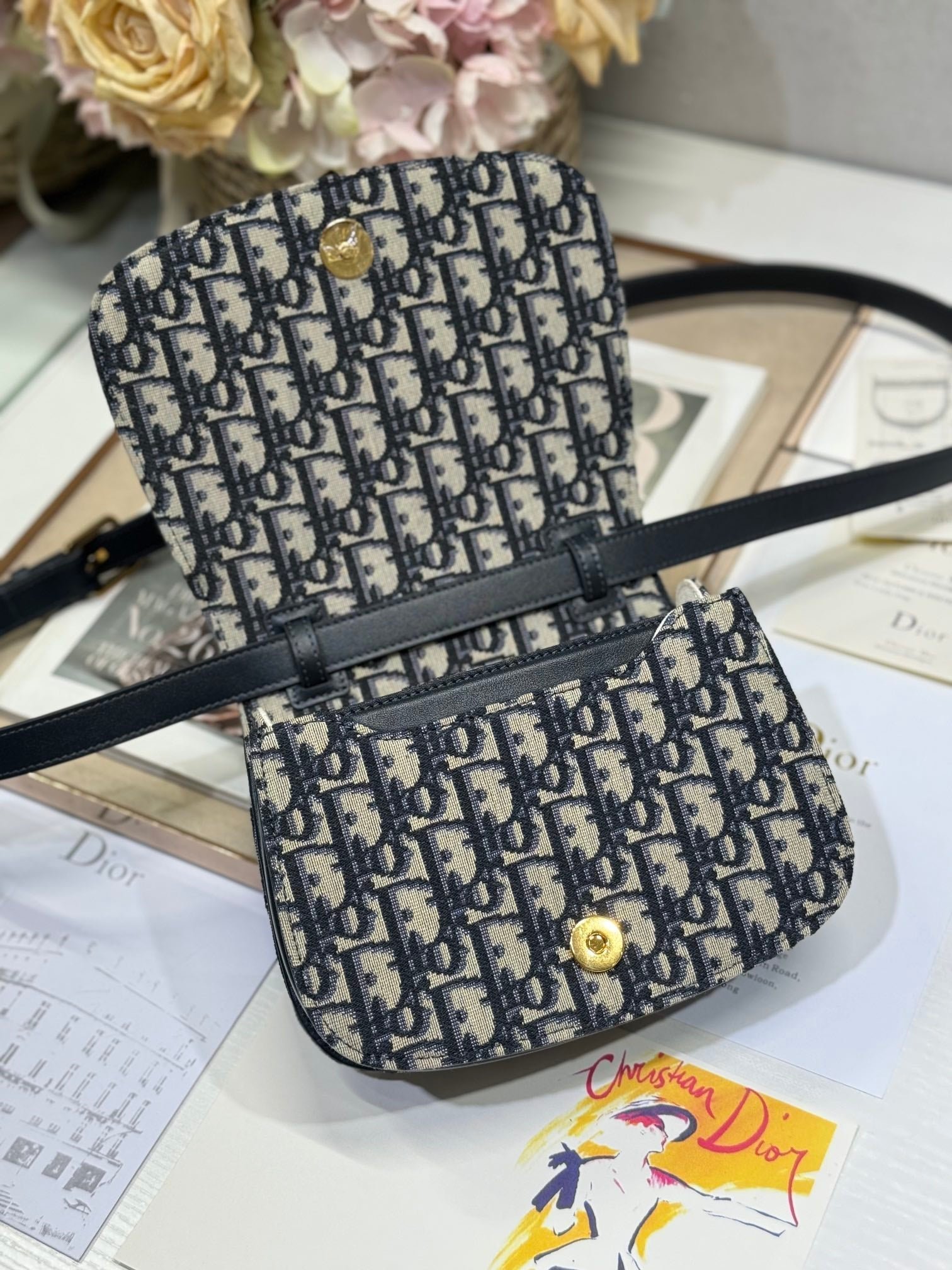 Dior Montaigne Series Blue Jacquard & Black Bag - Image 6