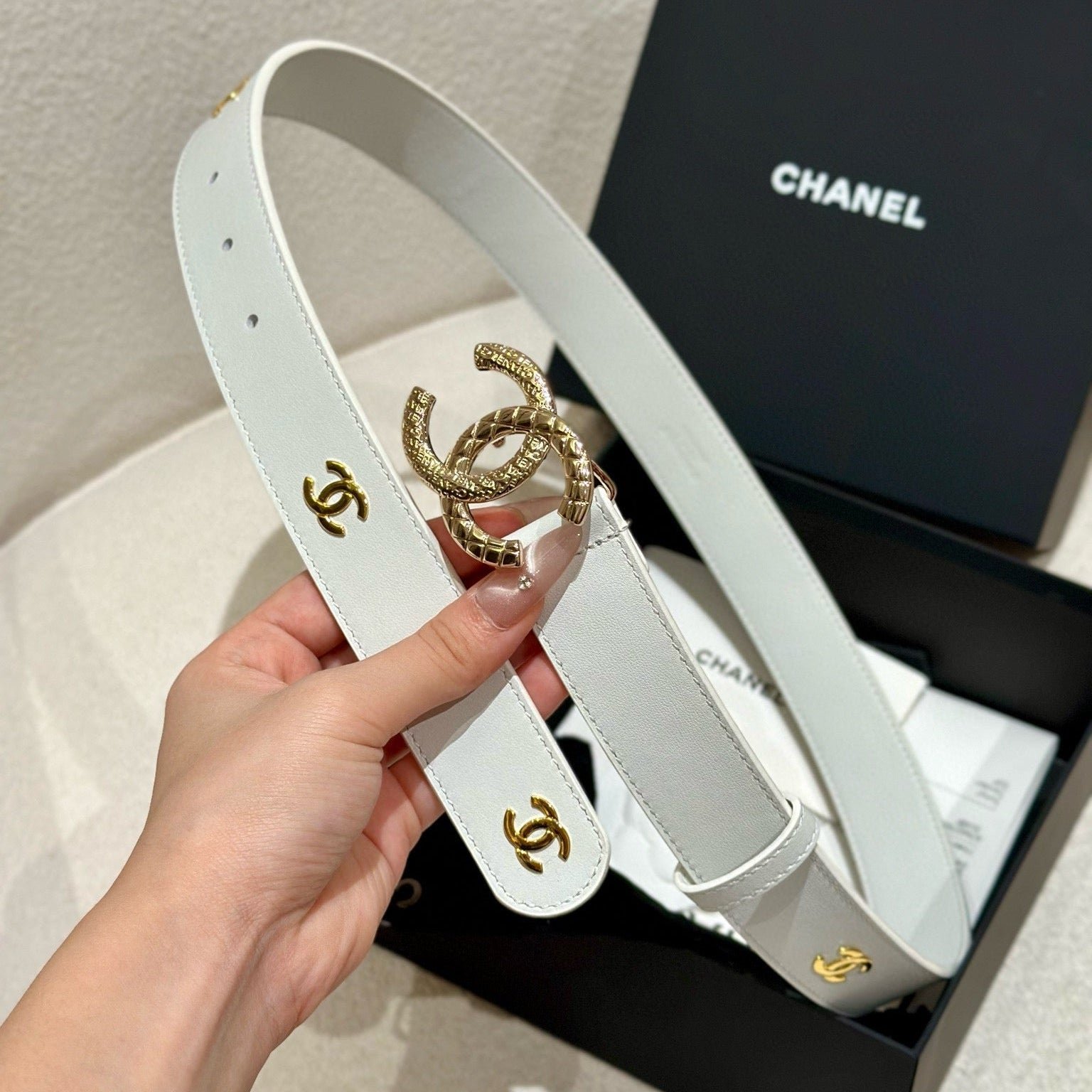 Chanel White Emboss Gold Belt