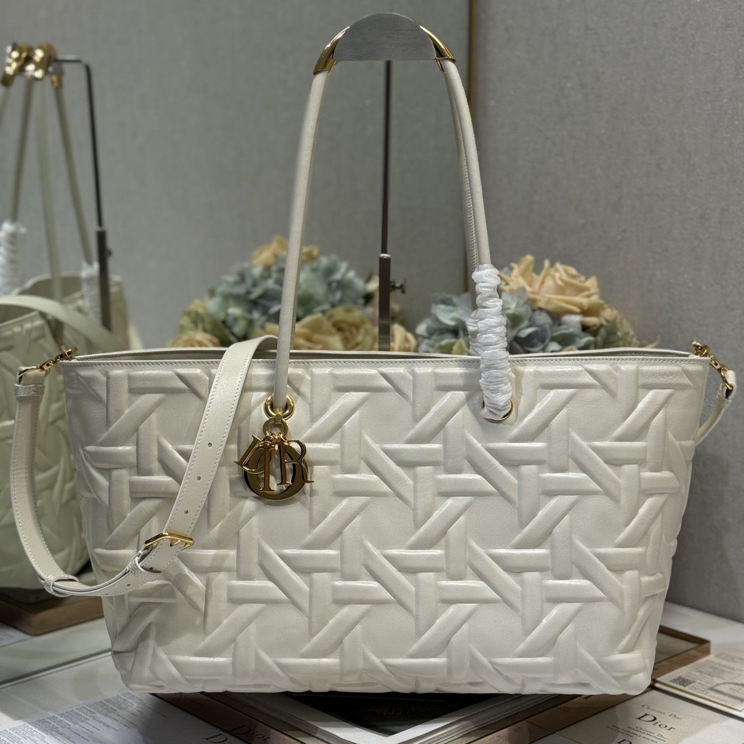 Dior Toujours Series White Cannage Lambskin Tote