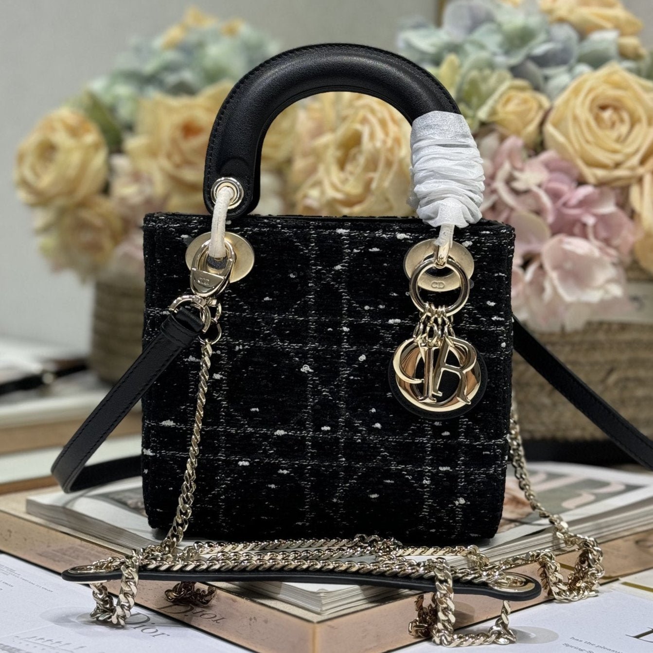 Dior Lady Series Black Cannage Tweed Mini Top Bag