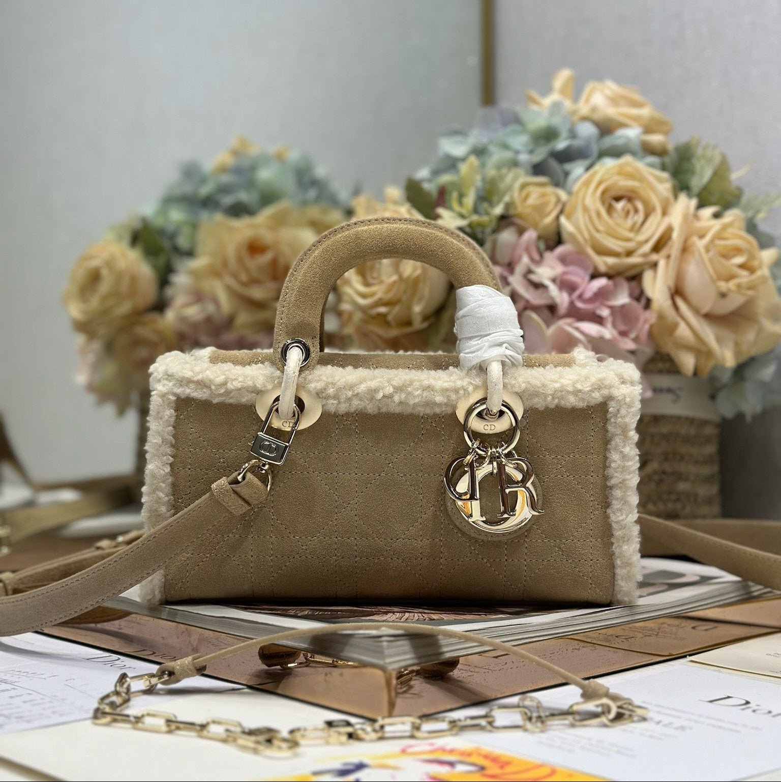 Dior Lady D-Joy Series Camel Cowhide & Shearling Bag
