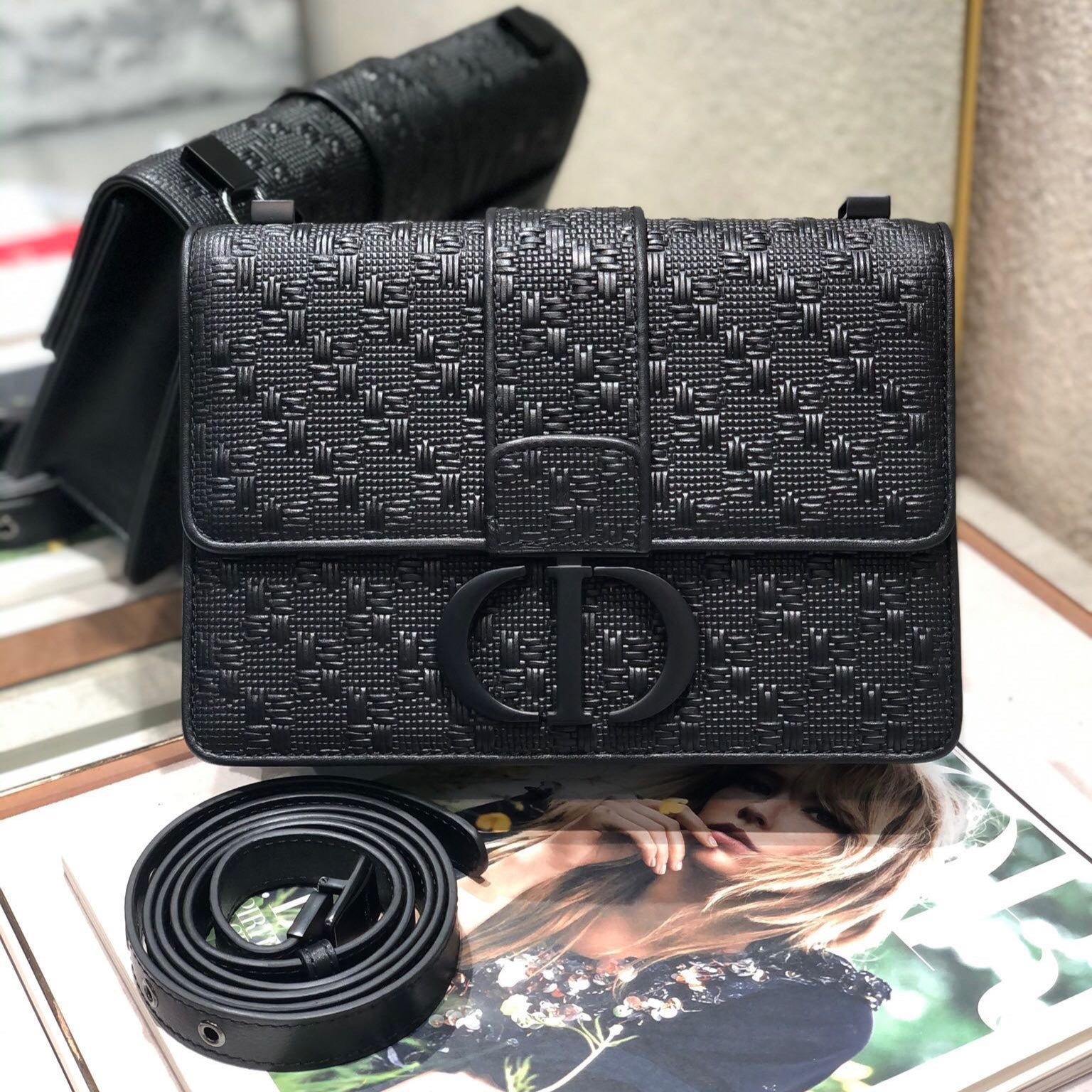 Dior Montaigne Embossed Black Calfskin