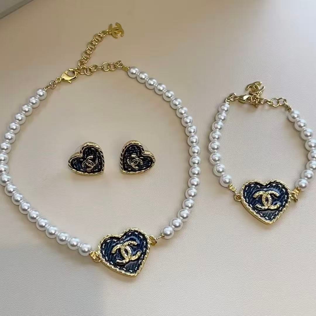Chanel Navy Stitch Heart Pearl Jewelry Set