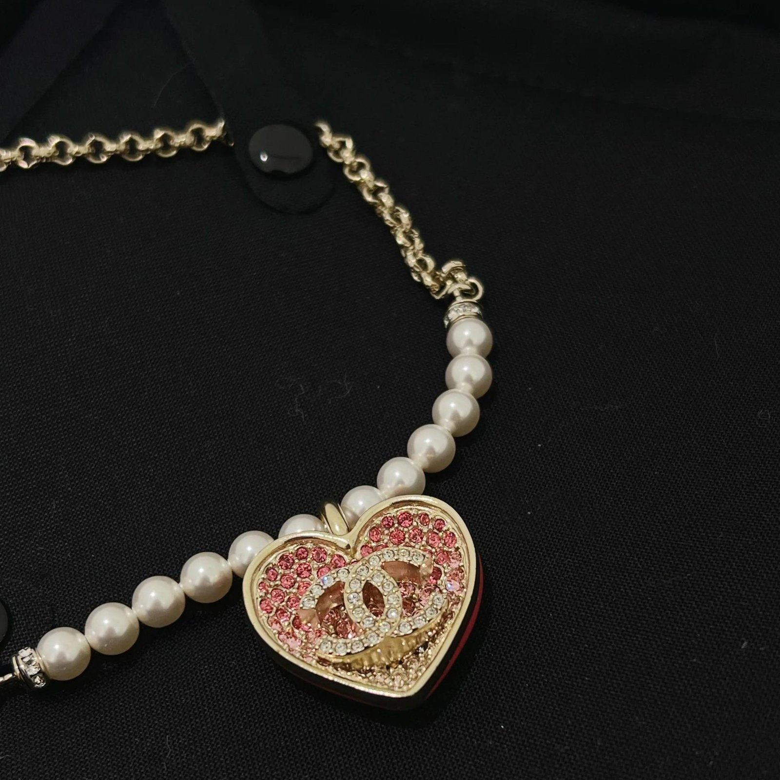 Alternative view of Chanel Gold Pink Glitter Heart Pearl Necklace