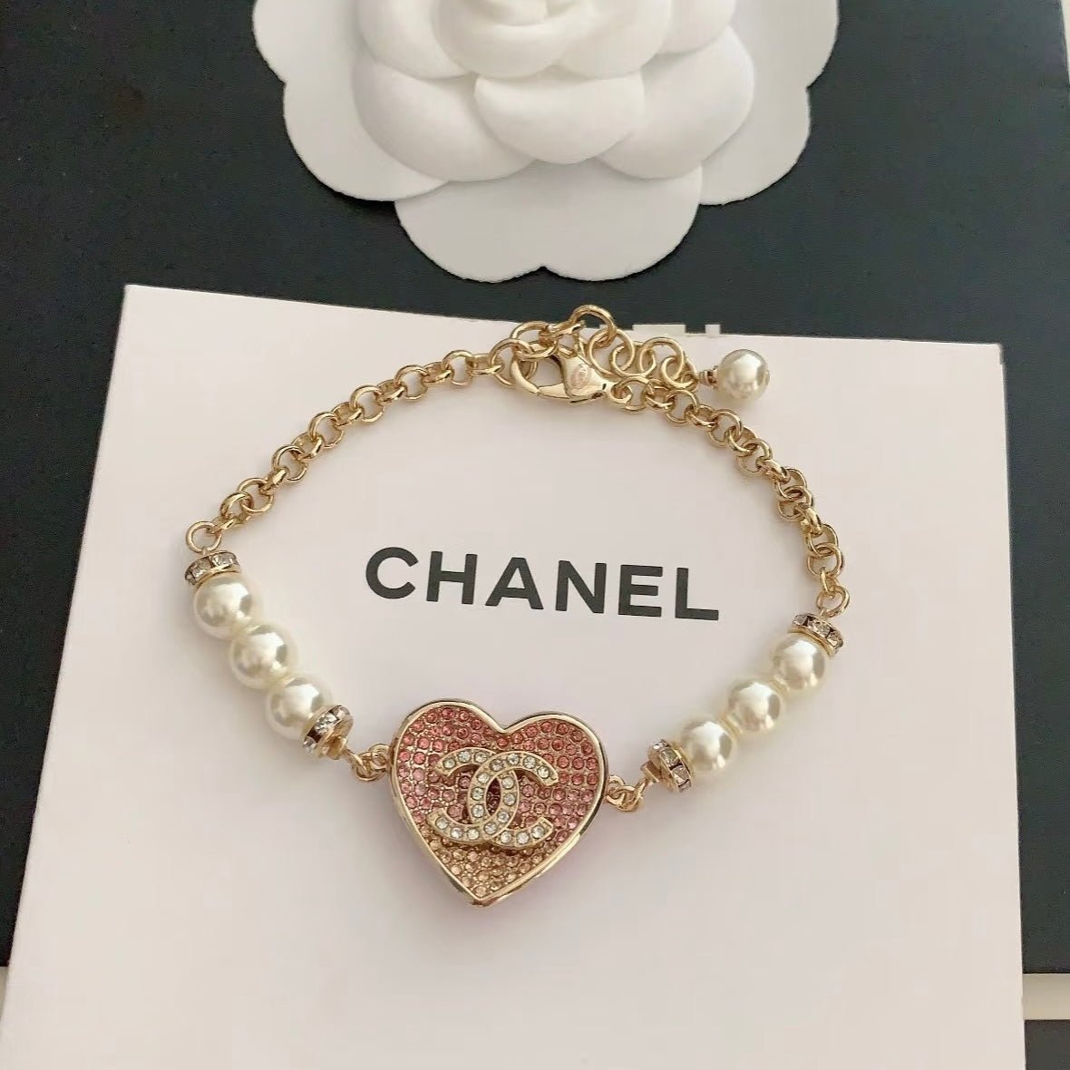 Chanel Gold Pink Glitter Heart Pearl - Image 4