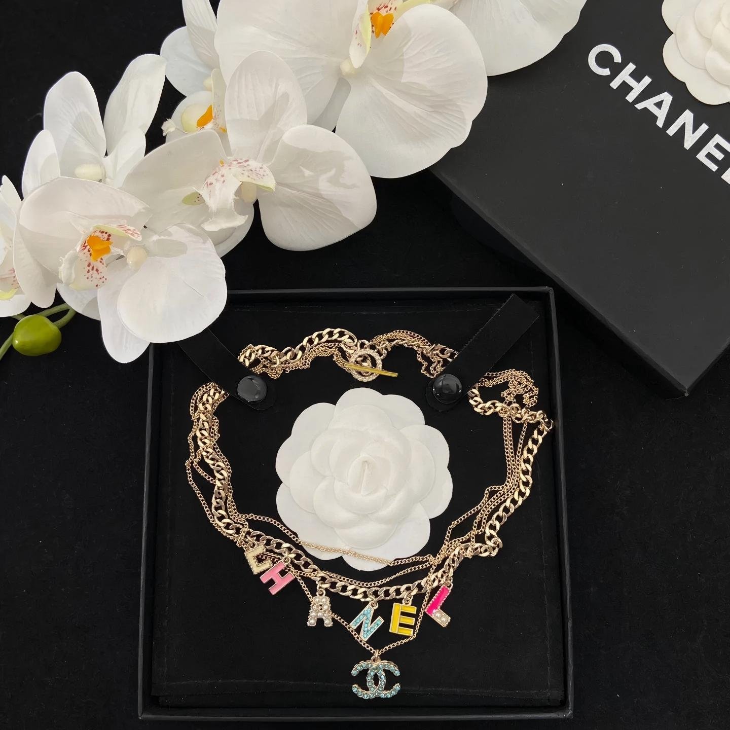 Chanel Gold Multi-Layer Color Letter CC Necklace