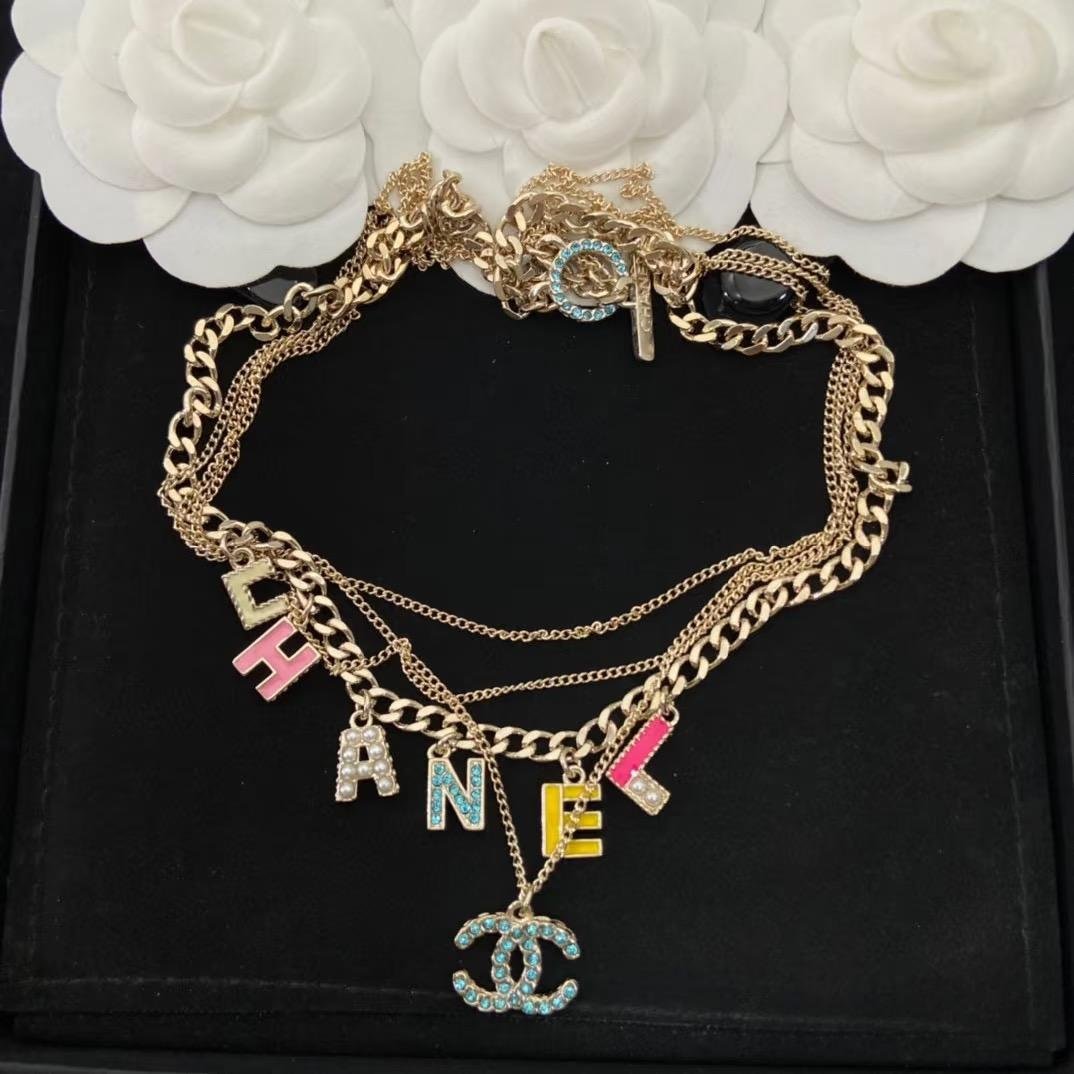 Chanel Gold Multi-Layer Color Letter CC Necklace - Image 3