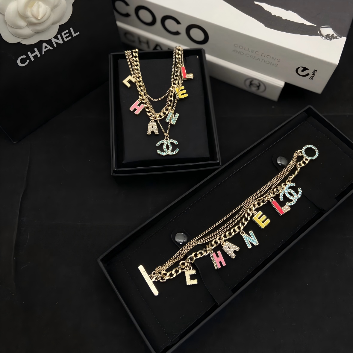 Chanel Gold Multi-Layer Color Letter CC Necklace - Image 4