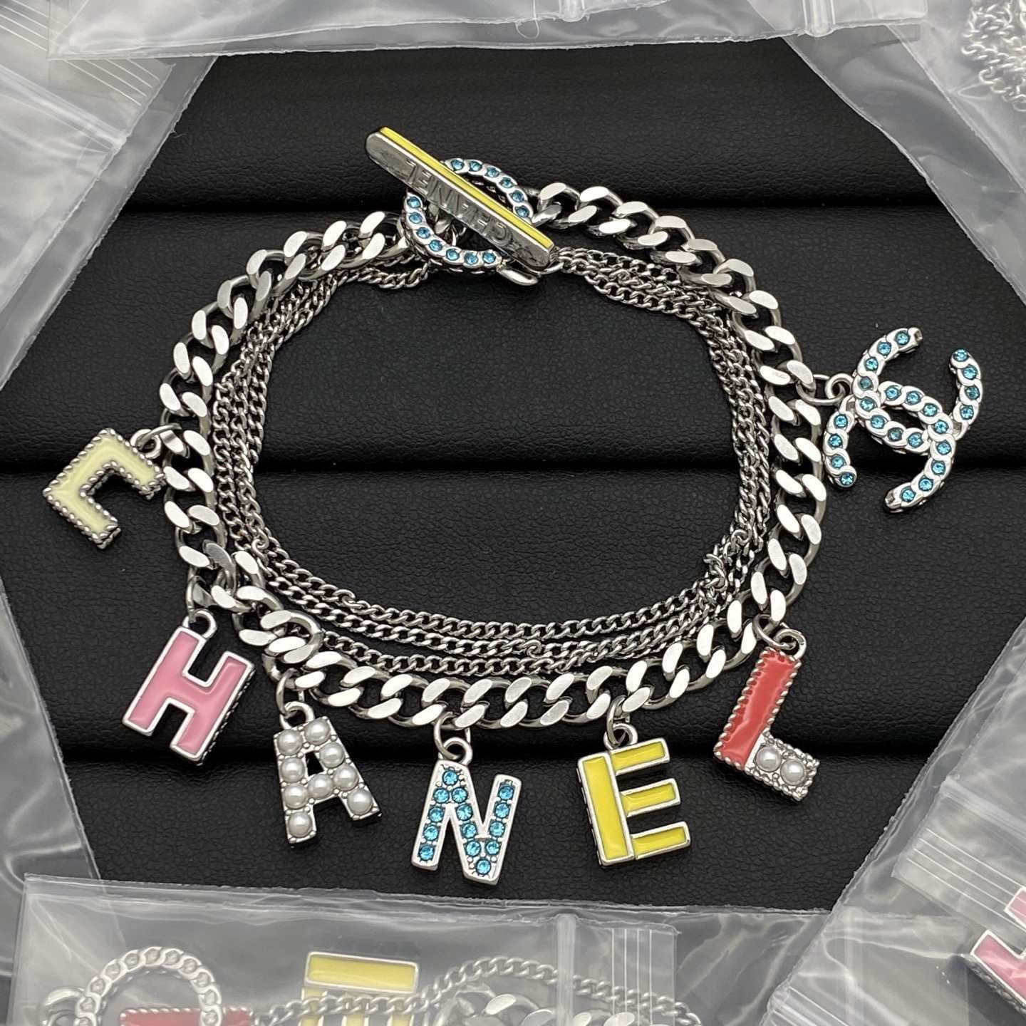Chanel Gold Multi-Layer Color Letter CC Necklace - Image 6