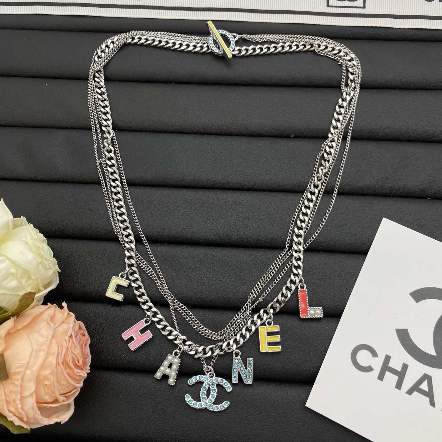 Chanel Gold Multi-Layer Color Letter CC Necklace - Image 5