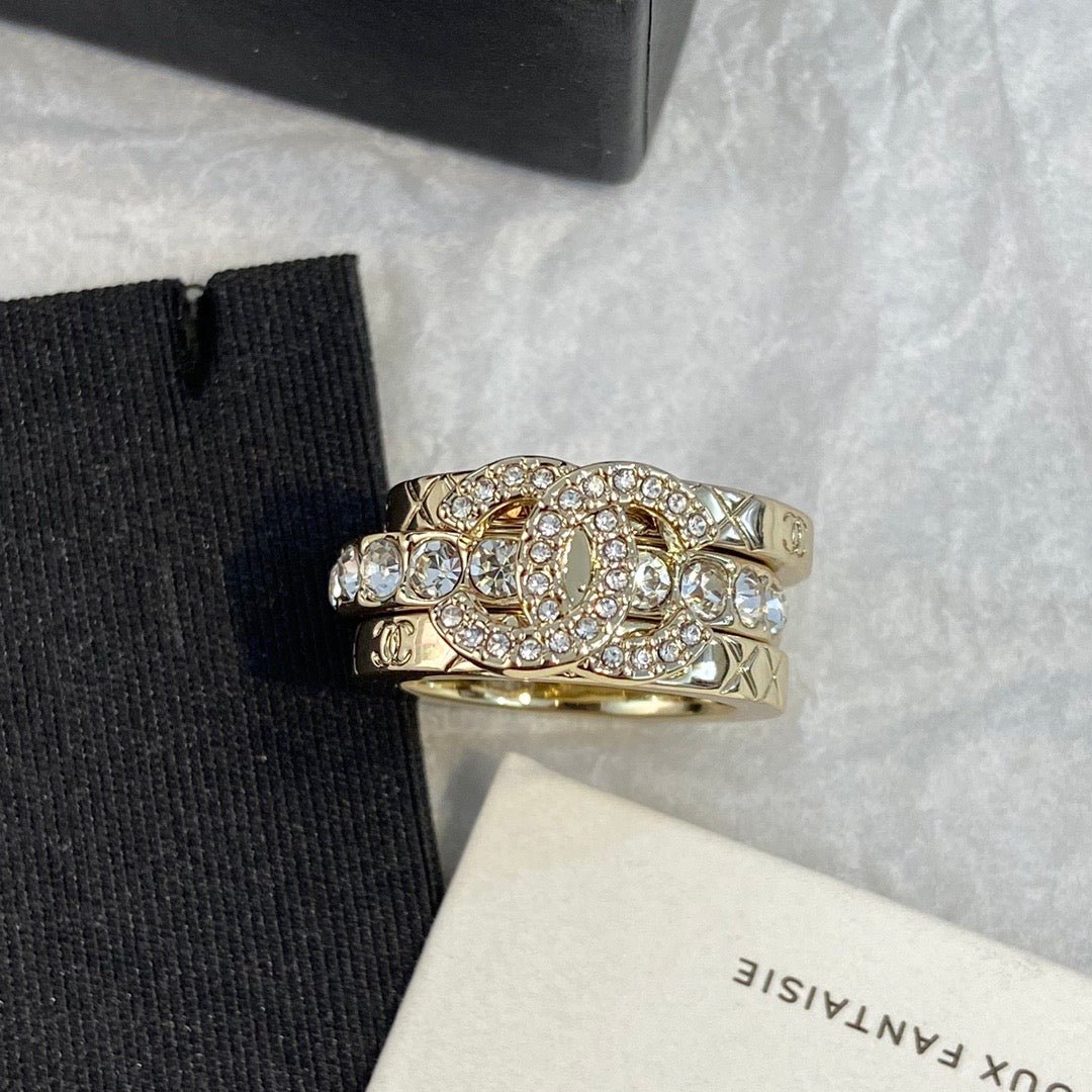 Chanel Gold Double Band Crystal CC Stack Ring