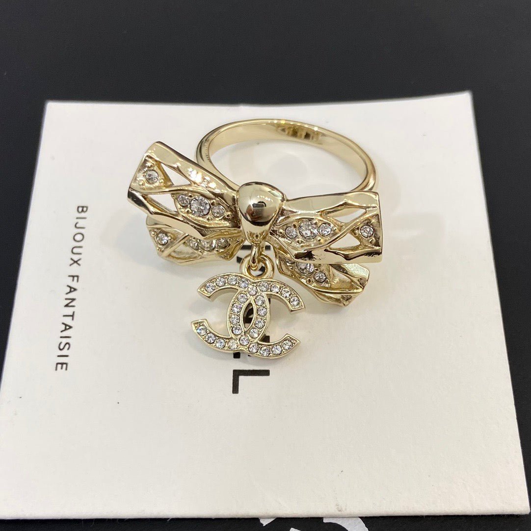 Alternative view of Chanel Gold Hollow Crystal Bow CC Drop Ring