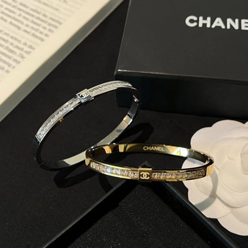 CHANEL Full Rhinestone Engraved Gold Silver Clasp Bangle