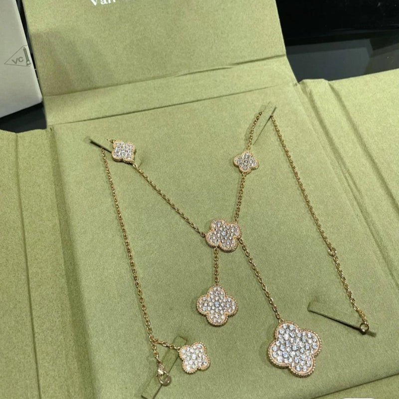 VCA 6 Motifs Full Diamond Clover Silver Necklace - Image 3
