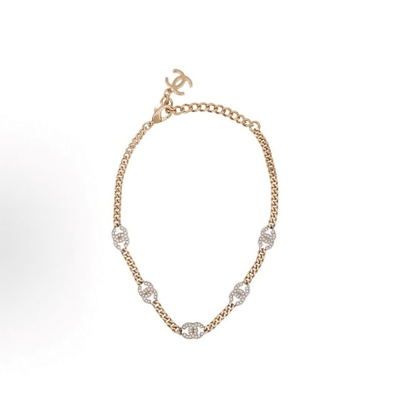 Chanel Crystal Inlaid Gold Thin Chain Necklace