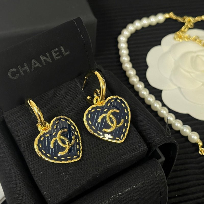 Chanel Stitched Leather Heart Hoop Earrings
