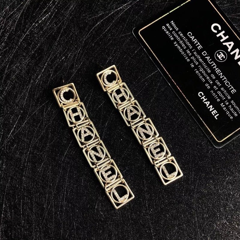 CHANEL Hollow Rectangle Rhinestone Drop Earrings - Image 4