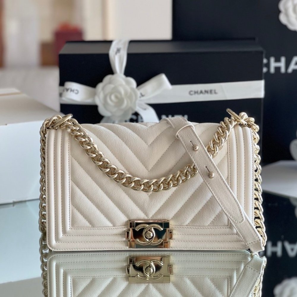 Alternative view of Chanel Boy Chevron Leather Handbag (White Gold)