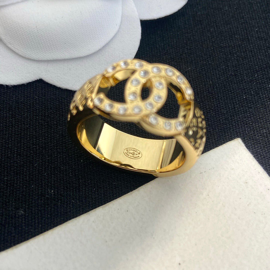 Chanel Gold Hollow Crystal CC Wide Band Ring