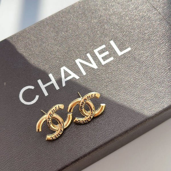 CHANEL Engraved Gold Double C Stud Earrings
