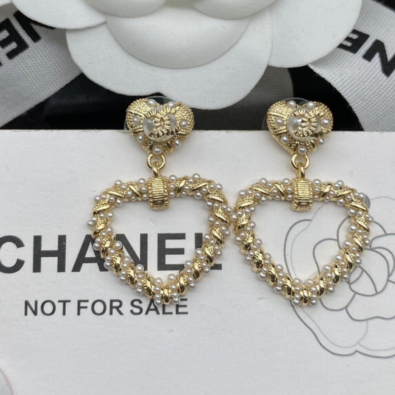 Chanel Twisted Pearl Hollow Heart Drop Earrings