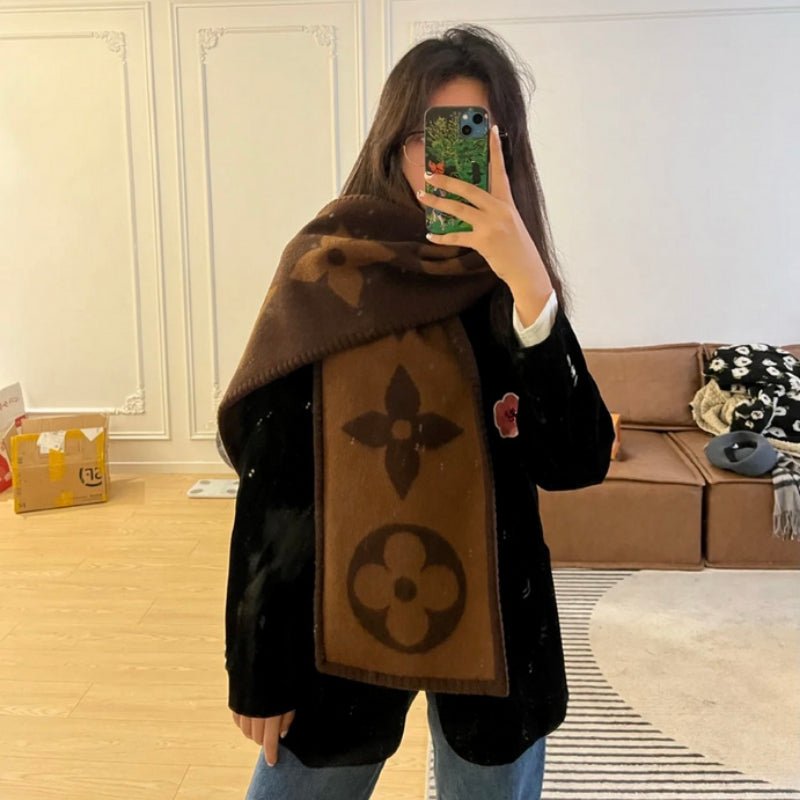 LV Brown Giant Floral Monogram Reversible Scarf