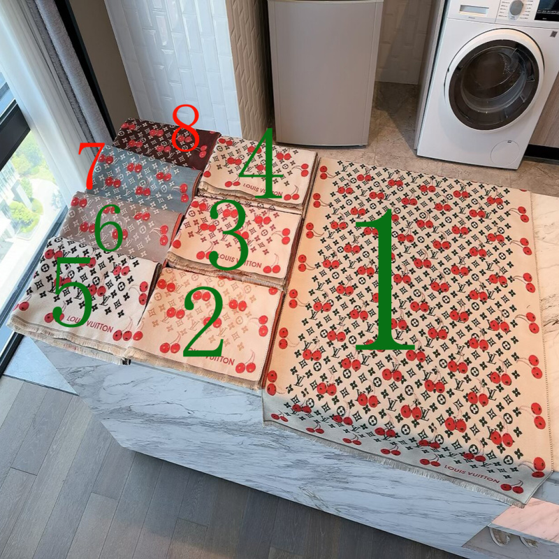 LV Monogram Cherry Print Fringed Cream Shawl