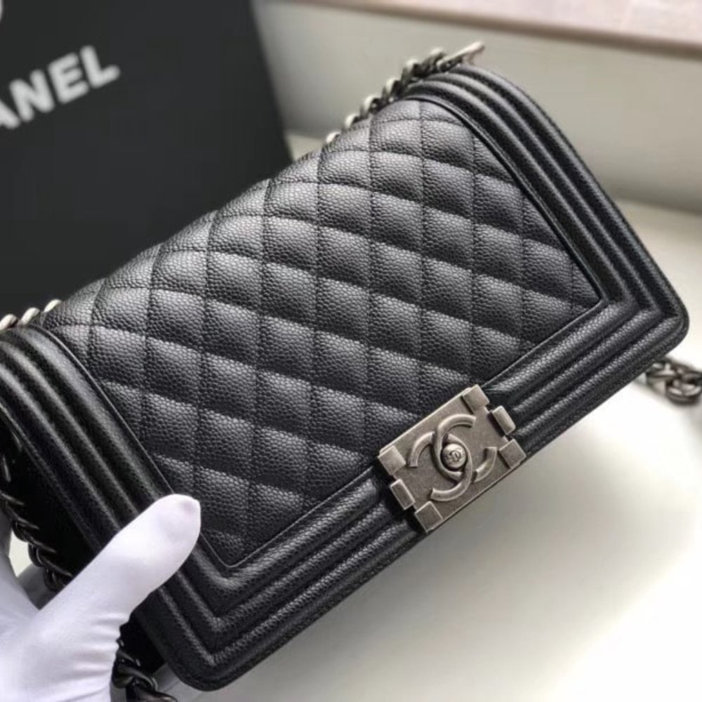 Alternative view of Chanel Boy Grained Leather Handbag (Black Silver)