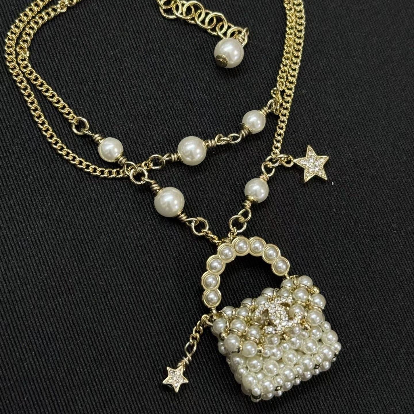 Chanel Gold Pearl Handbag Star Layer Necklace