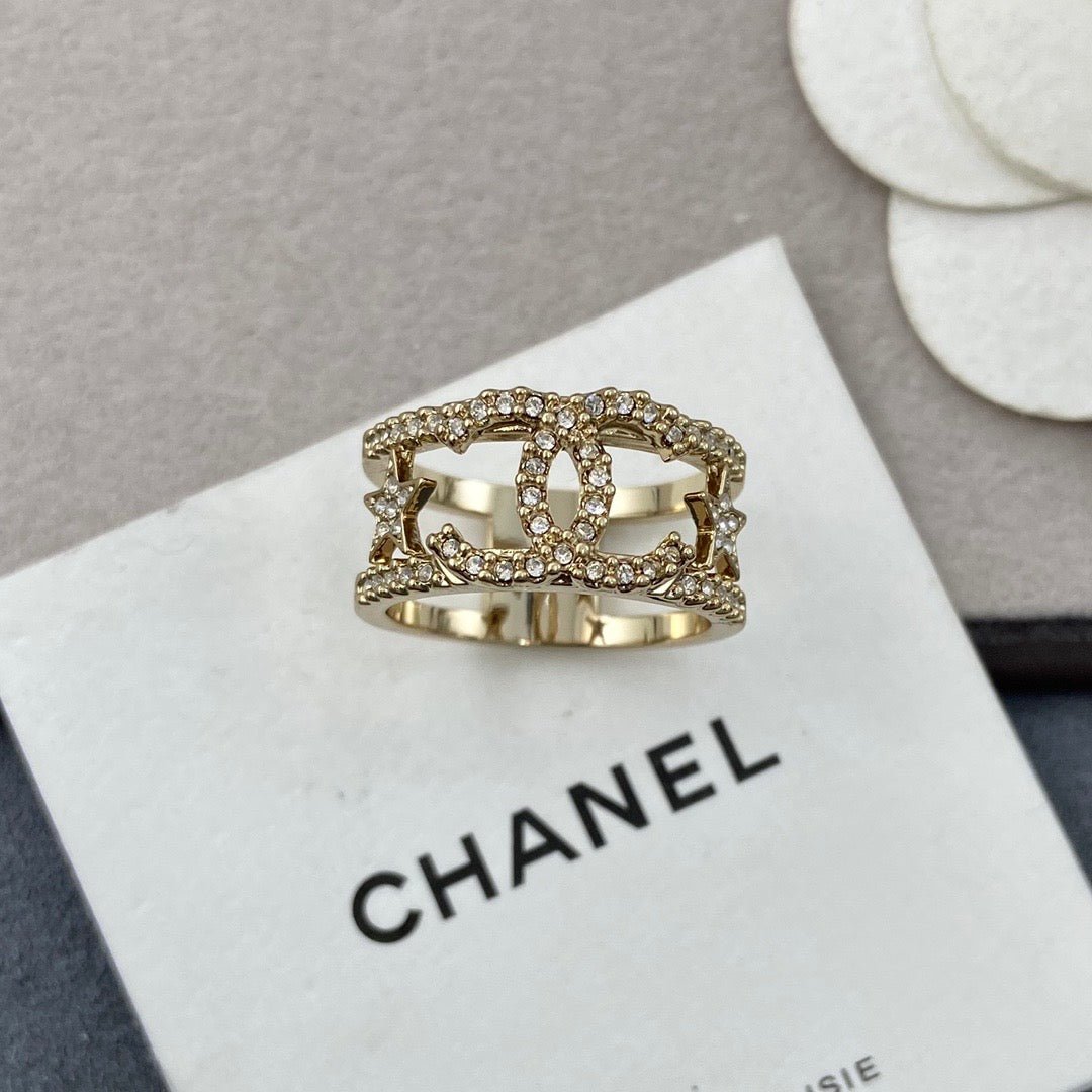 Chanel Gold Double Band Crystal CC Stack Ring - Image 4