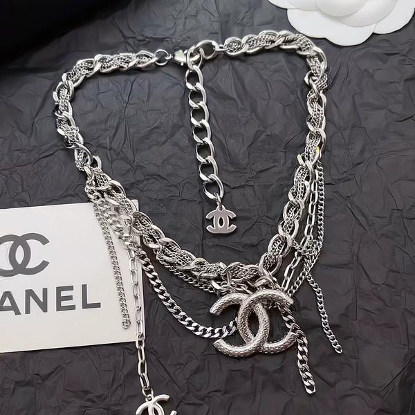 Chanel Silver Multi-Layer Chain Crystal CC Necklace