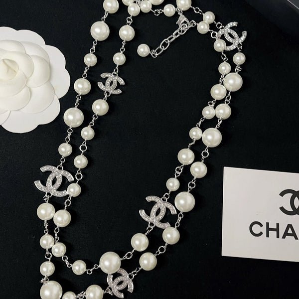 Chanel Silver Graduated Pearl Crystal CC Long Necklace
