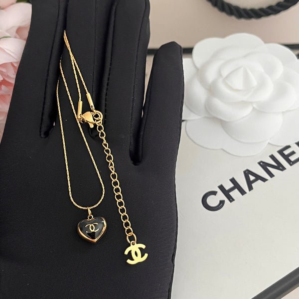 Chanel Gold Metal Black Heart Pendant Necklace