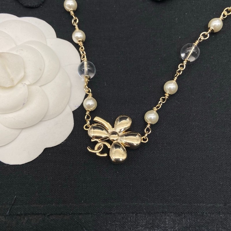 Chanel Gold Pearl Crystal Flower CC Dainty Necklace - Image 3