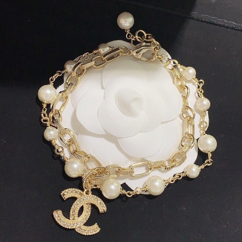 CHANEL Double Chain Crystal CC Pearl Bracelet