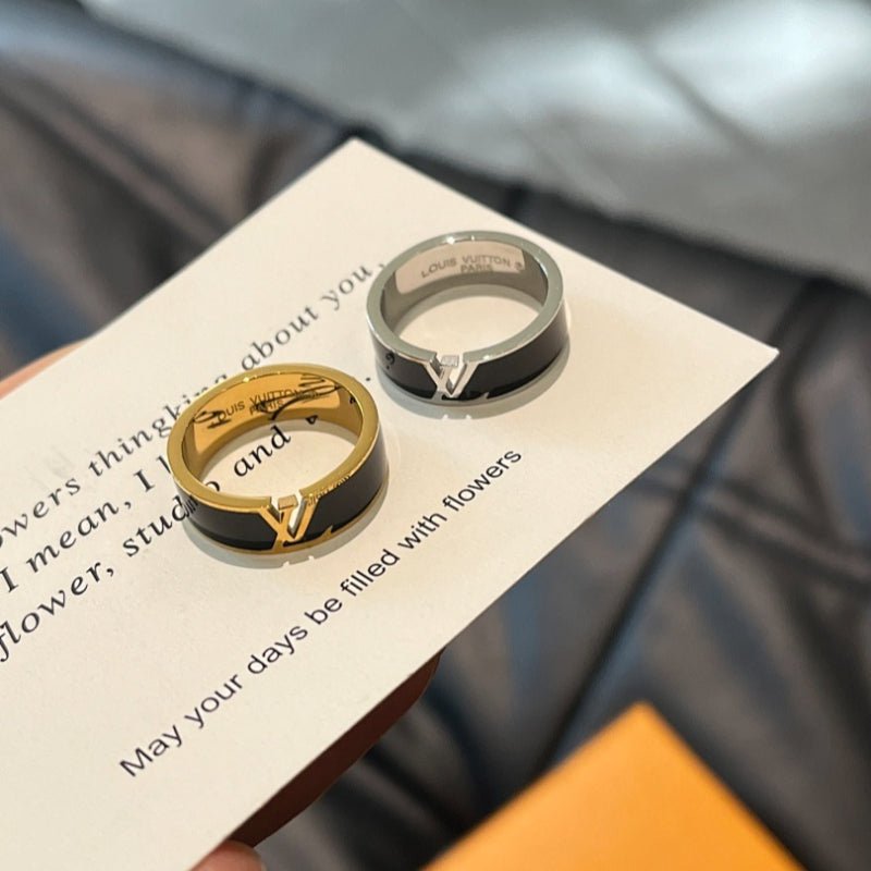 LV Black Enamel Logo Ring