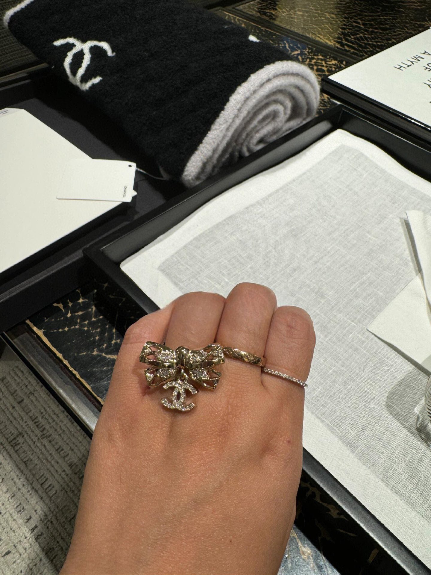 Chanel Gold Hollow Crystal Bow CC Drop Ring - Image 7
