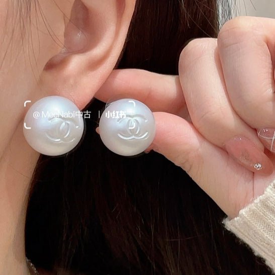 Chanel Large Pearl Embossed Logo Stud Earrings