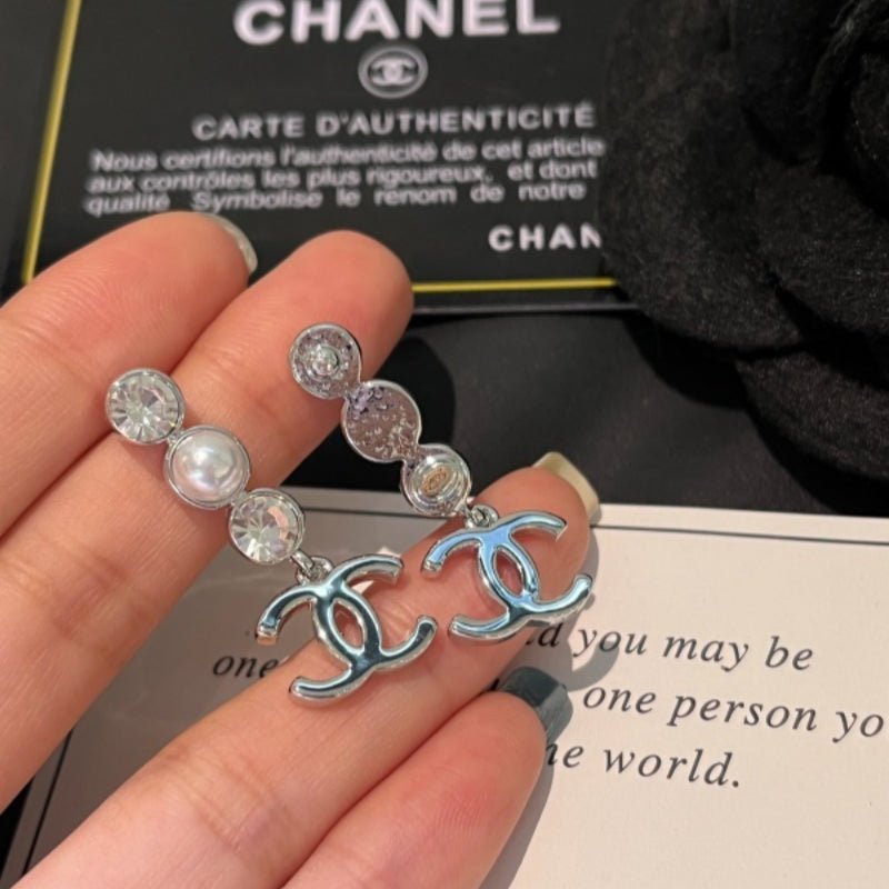 Chanel Two-Tone Crystal Pearl Silver Double C Earrings