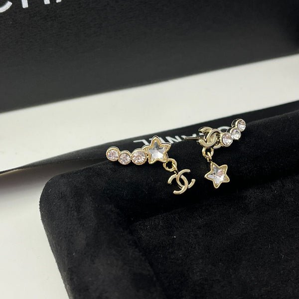 CHANEL Star Rhinestone Asymmetric CC Drop Earrings