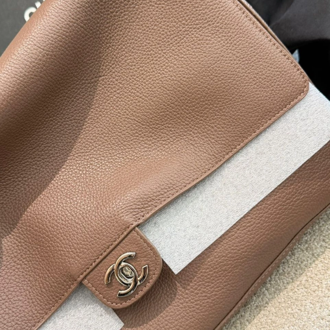 Chanel Maxi Flap Bag Grained Leather Silver-Tone Metal Dark Brown - Image 3