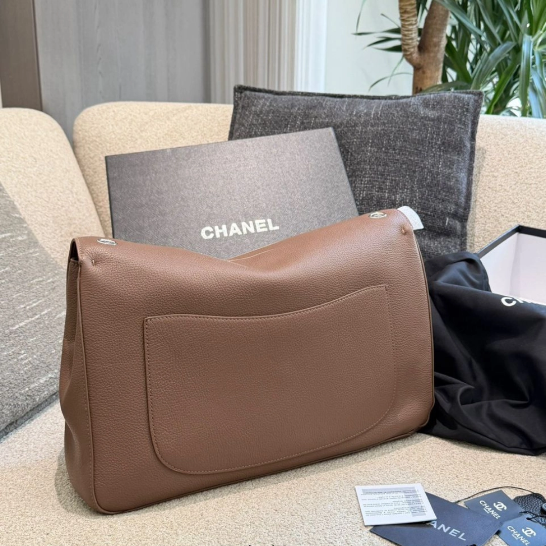 Chanel Maxi Flap Bag Grained Leather Silver-Tone Metal Dark Brown - Image 4