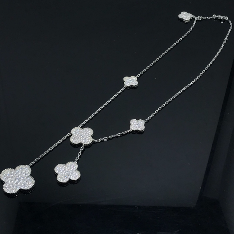 VCA 6 Motifs Full Diamond Clover Silver Necklace - Image 5