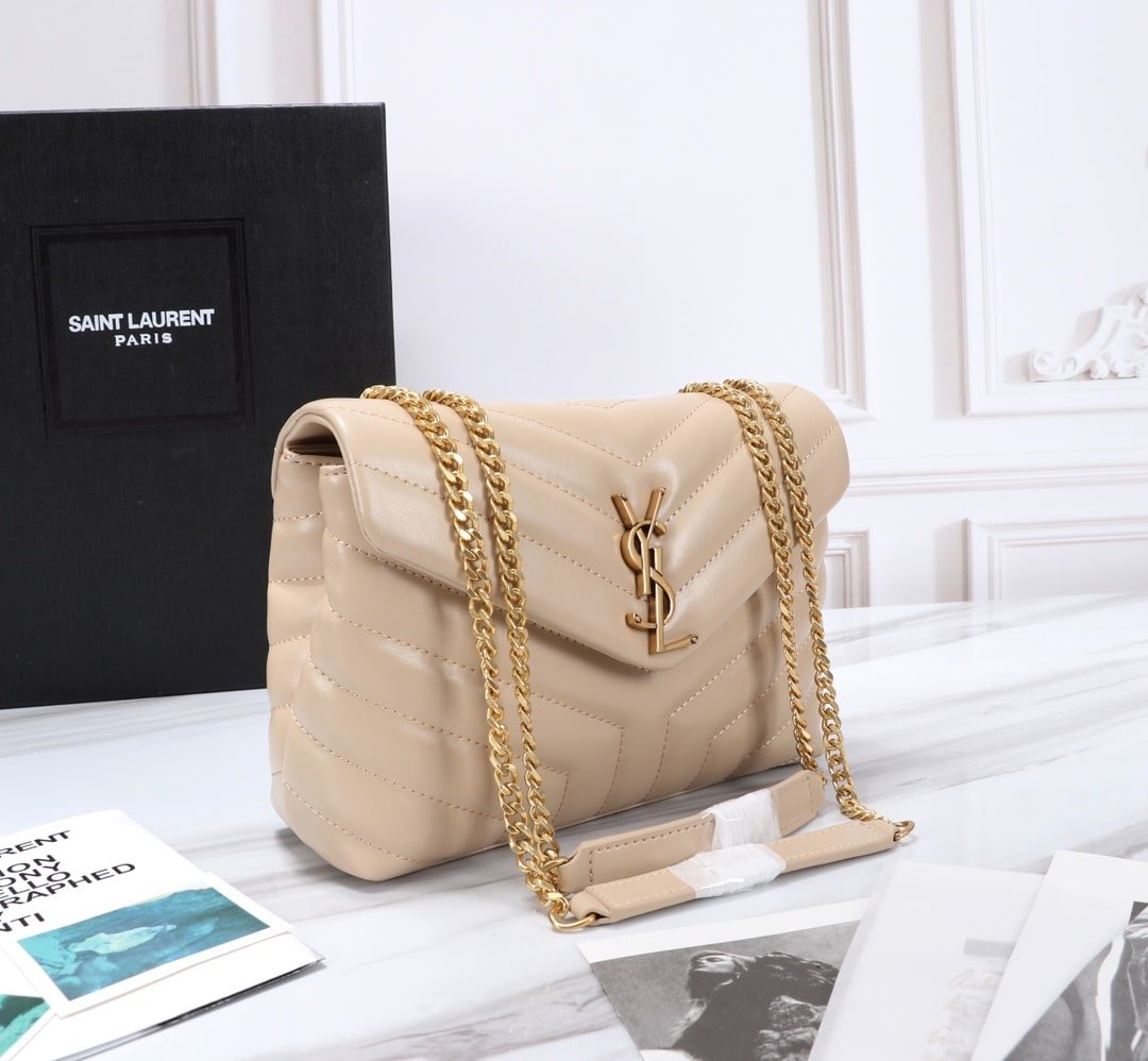 YSL Loulou Small Matelassé Chain Beige Bag - Image 4
