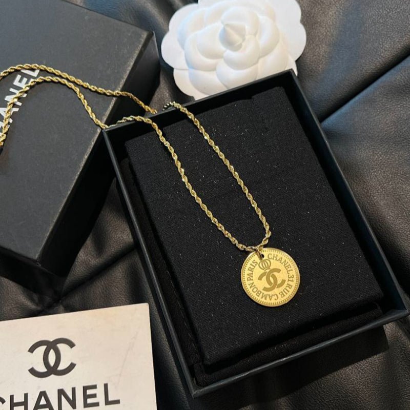 Chanel Gold Engraved Coin Double C Necklace