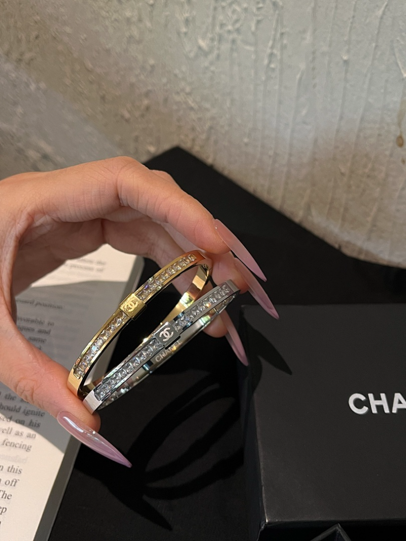 Alternative view of CHANEL Full Rhinestone Engraved Gold Silver Clasp Bangle