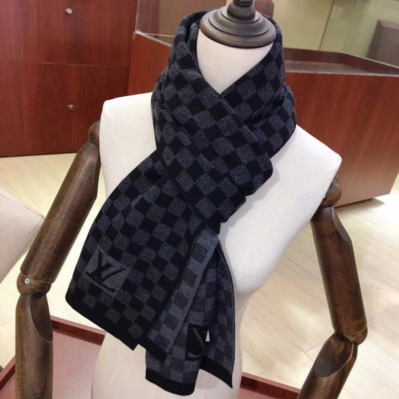 LV Black Grey Damier Graphite Checkered Knit Scarf